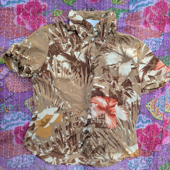 Silk Vintage Votre Nom Brown Floral Button-Down Shirt - Picture 1 of 6